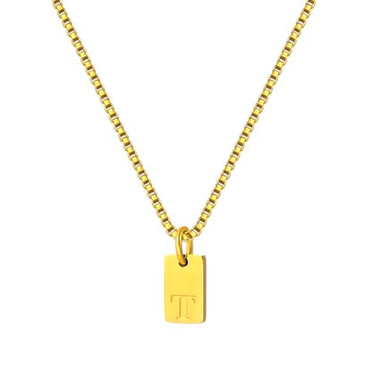 Gold Plated Square Initial Necklace Waterproof A-Z Letter Pendant on Thin Chain - Dainty, Stackable Jewelry for Women - color: Golden-T, size: F
