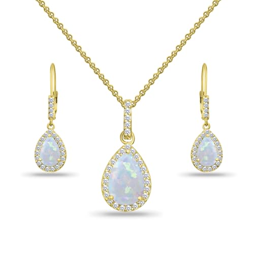 Jewelry Sets for Women, Necklace and Earring Sets for Women, Birthstone Jewelry, Genuine or Synthetic Gemstones, Teardrop Necklace and Dangle Earrings, Pendant Necklace, Sterling Silver Jewelry - color: Synthetic Opal - Yellow Gold