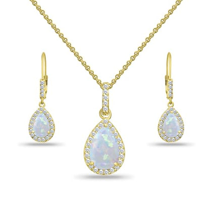 Jewelry Sets for Women, Necklace and Earring Sets for Women, Birthstone Jewelry, Genuine or Synthetic Gemstones, Teardrop Necklace and Dangle Earrings, Pendant Necklace, Sterling Silver Jewelry - color: Synthetic Opal - Yellow Gold