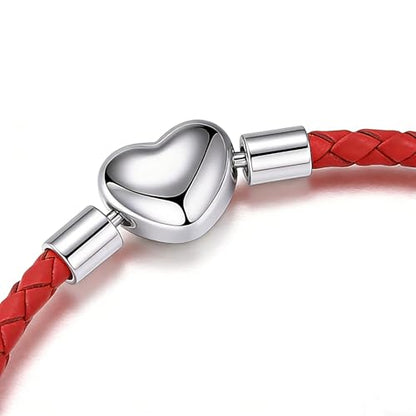 GMXLin Leather Charm Bracelet Heart Snap Clasp Clip Lock Handmade Braided Wristband Compatible with Women Pandora Charm Bead - color: Red