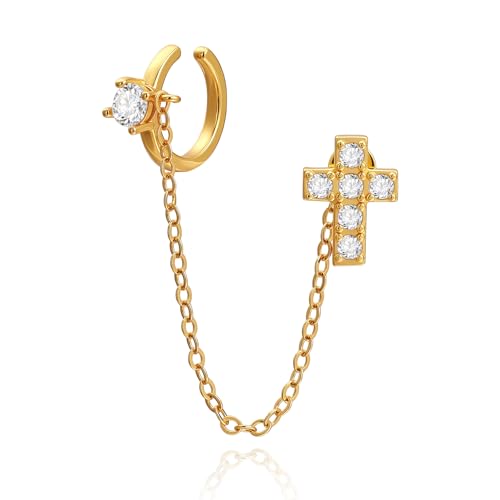 Cicy Bell Ear Cuff Earrings for Women Cubic Zirconia Stud Chain Earrings | 18k Gold Plated Clip On Climber earrings Non Piercing Waterproof Jewelry Gifts Birthday Party - color: Gold-StyleA