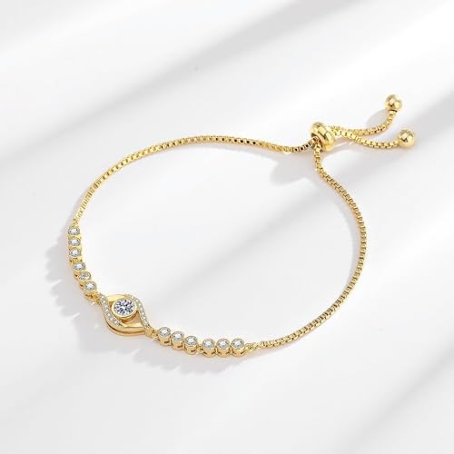 Solid 14K Gold Over 925 Silver Moissanite Evil Eye Bracelet for Women,Dainty Round Cut Moissanite Devil’s Eye Chain Bracelet,Lucky Jewelry Gift for Her,Adjustable 8" to 9" - color: Yellow Gold