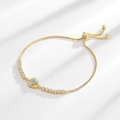 Solid 14K Gold Over 925 Silver Moissanite Evil Eye Bracelet for Women,Dainty Round Cut Moissanite Devil’s Eye Chain Bracelet,Lucky Jewelry Gift for Her,Adjustable 8" to 9" - color: Yellow Gold