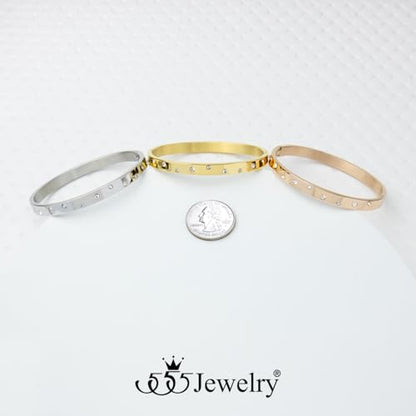 555Jewelry Womens Sparkling Cubic Zirconia Secure Hinge Lock Bangle Stainless Steel Bracelet - color: Yellow Gold Style 3