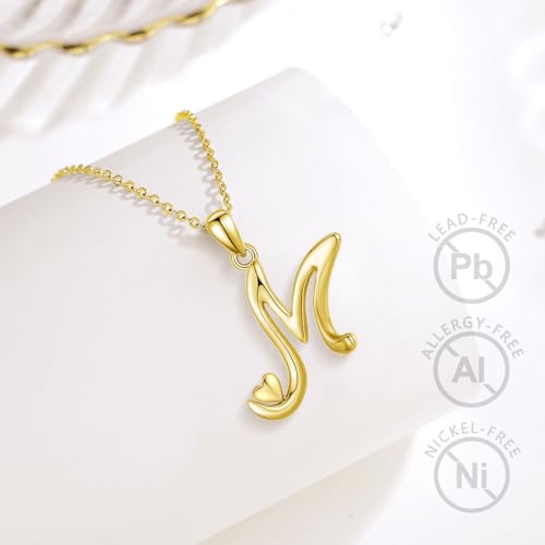 CELESTIA 925 Sterling Silver Initial Necklaces 26 Letter with Rose Gold Heart - 18 Inch Chain - color: Gold-M
