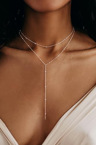 Foxgirl Lariat Gold Necklace for Women, Dainty Long Necklace 14k Gold Plated/Silver Y-Shaped Pendant Necklace Trendy Layered Cz Beaded Chain Drop Necklaces Simple Gold Jewelry For Women Gift - color: Y Small Layered Satellite-SL