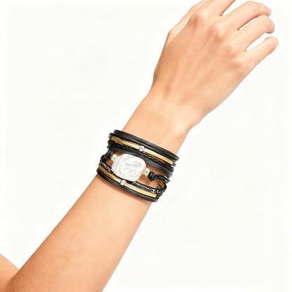Leopard Bracelet for Women, Boho Leather Wrap Multi-Layer Pearl Crystal Bracelet Bangle Jewelry - color: Black Leather(Pearl)