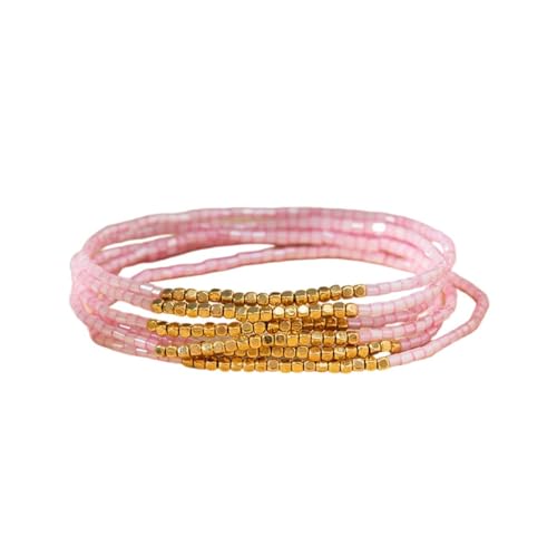 Boho Stackable Seed Beaded Bracelet Set for Women Colorful Multilayered Gold Beads Stretch Bracelets Summer Beach Bohemian Jewelry Gift - color: Pink