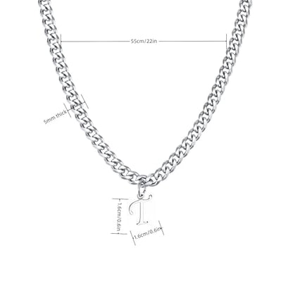Stainless Steel Initial A-Z Necklace for Men Women,Cuban Chain,Titanium Steel Initial Letter Pendant Charm Necklaces Accessories Jewelry for Woman Man,21 Inch Chain - color: T