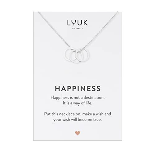 LUUK LIFESTYLE Stainless steel necklace with pendant and HAPPINESS card, 20” adjustable length, lucky charm, friendship chain, Valentine's Day gift, birthday, women's jewelry, silver, gold, rosegold - color: Silver, size: Three rings