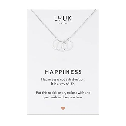 LUUK LIFESTYLE Stainless steel necklace with pendant and HAPPINESS card, 20” adjustable length, lucky charm, friendship chain, Valentine's Day gift, birthday, women's jewelry, silver, gold, rosegold - color: Silver, size: Three rings