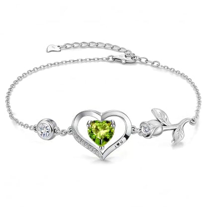 1CT Rose Heart Birthstone Bracelet for Women Love Gift - style: Aug Olive Silver