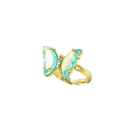 COLORFUL BLING Adjustable Elegant Transparent Crystal 3D Butterfly Rings for Women Aesthetic Gold Plated Cute Animal Insect Open Finger Cuff Ring Birthday Valentine Gifts - color: pure green
