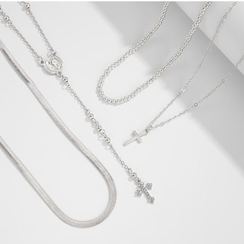 Layered Cross Necklace Set for Women, Layered Choker Necklaces Trendy Jewelry, Colorful Enamel Beaded Y-Shaped Lariat Necklace, Boho Multilayer Cross Necklace for Party and Daily Wear - color: Silver-01