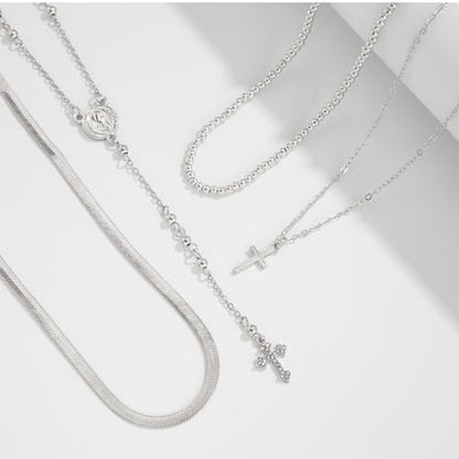 Layered Cross Necklace Set for Women, Layered Choker Necklaces Trendy Jewelry, Colorful Enamel Beaded Y-Shaped Lariat Necklace, Boho Multilayer Cross Necklace for Party and Daily Wear - color: Silver-01