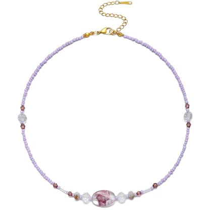 Beaded Necklaces for Women Summer Beach Beaded Necklace Bead Choker Boho Necklaces for Women Handmade Summer Jewelry Stainless Steel 18K Gold Plated - color: Purple