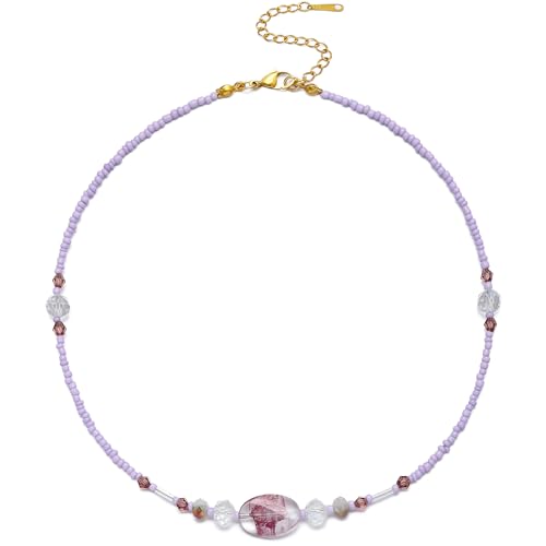 Beaded Necklaces for Women Summer Beach Beaded Necklace Bead Choker Boho Necklaces for Women Handmade Summer Jewelry Stainless Steel 18K Gold Plated - color: Purple