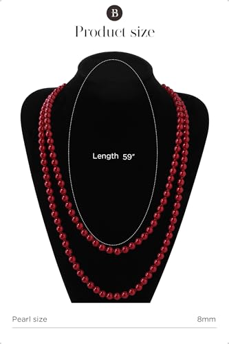 BABEYOND Long Pearl Necklace Faux Pearls Necklace Set Beaded Long Pearls Necklace 1920s Gatsby Costume Jewelry - color: Red