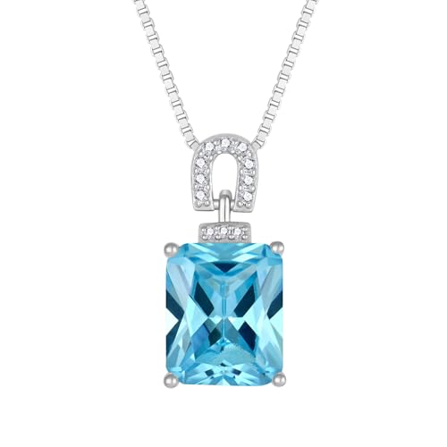 Emerald Cut Birthstone Necklace for Women 925 Sterling Silver | Baguette Birthstone Pendant Necklace, Jewelry for Mom Wife - color: Sea Blue