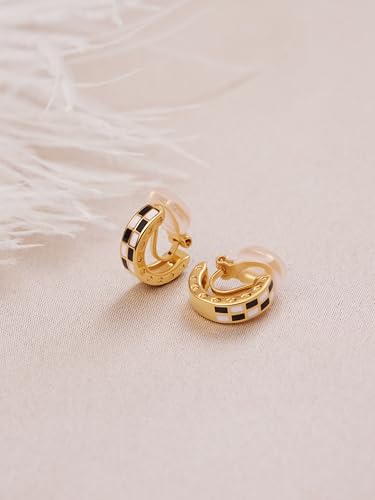 FAN&LOUIS 24K Gold Plated Hoop Clip On Earrings for Women, Black and White Checkered Trendy Hypoallergenic Non Pierced Earrings Painless Lightweight Small Hoop Clip-On Earrings