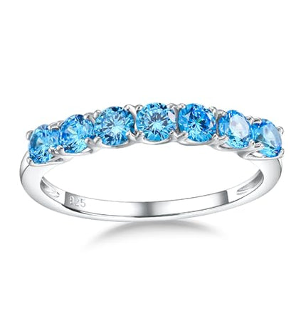 Birthstone Wedding Band Eternity Rings 925 Sterling Silver Rings Stackable Anniversary Engagement Rings Cubic Zirconia Inlaid Created Garnet/Amethyst/Sapphire Ring 7 Stone Ring, Size 6 to 10 - color: Blue Topaz