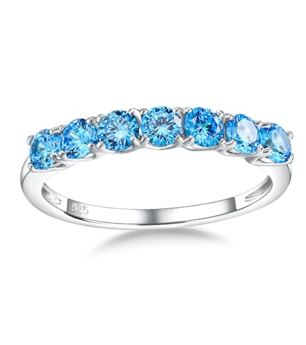 Birthstone Wedding Band Eternity Rings 925 Sterling Silver Rings Stackable Anniversary Engagement Rings Cubic Zirconia Inlaid Created Garnet/Amethyst/Sapphire Ring 7 Stone Ring, Size 6 to 10 - color: Blue Topaz