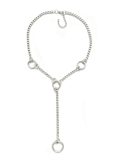 Slip Chain Necklace for Women Gothic Stainless Steel Bar Pendant Cuban Link Necklaces Adjustable Goth O Ring Long Necklaces Punk Rock Collar Choker Trendy Lariat Y Necklace - color: Silver 4 rings