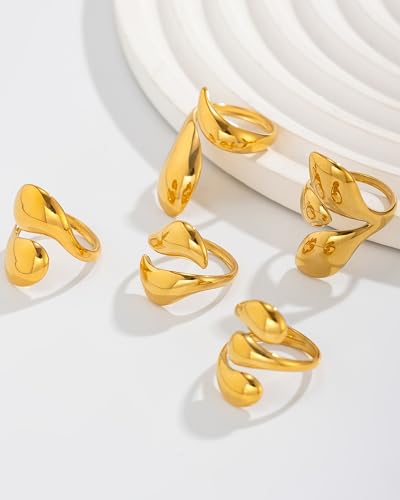 Chunky Gold Shell Starfish Ring Set for Women Trendy Gold Flower Scallop Seashell Starfish Gemstone Rings Adjustable Stacking Statement R-ings Non Tarnish Spring Summer Jewelry Accessories - color: A7:5 pcs