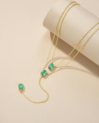 SNGIA Long 18K Gold Plated Blue Green Red Layered Pendant Necklace For Women (Emerald, Ruby, Seafoam, Sky, Sapphire, Pink), Dainty Birthstone Necklace, Statement Necklace Jewelry Gifts. - style: Sea Foam