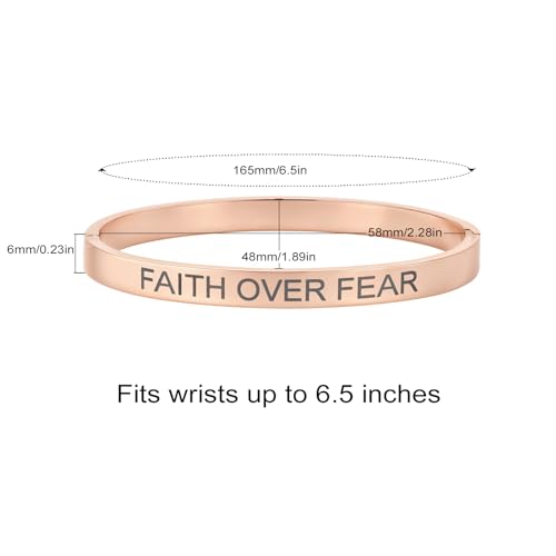 Christian Bible Verse Love Bangle Bracelet for Women, 18K Gold Plated Stainless Steel Oval Cuff, Inspirational Faith Jewelry Gift for Mom Daughter Sister Friend (Rose Gold-FAITH OVER FEAR)