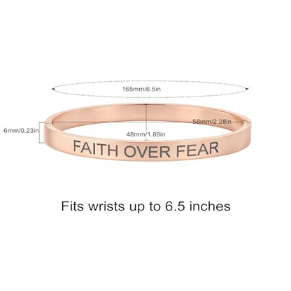 Christian Bible Verse Love Bangle Bracelet for Women, 18K Gold Plated Stainless Steel Oval Cuff, Inspirational Faith Jewelry Gift for Mom Daughter Sister Friend (Rose Gold-FAITH OVER FEAR)