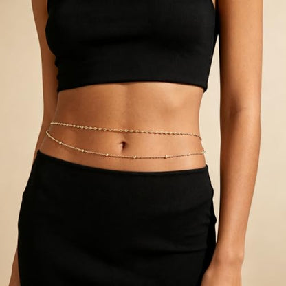 2Pcs Layered Gold Belly Chain for Women - Adjustable Waist Chain with Beads, Starfish & Shell Charms, Dainty Double Layer Body Jewelry, Boho Ocean Beach Bikini Accessories for Summer Vacation
