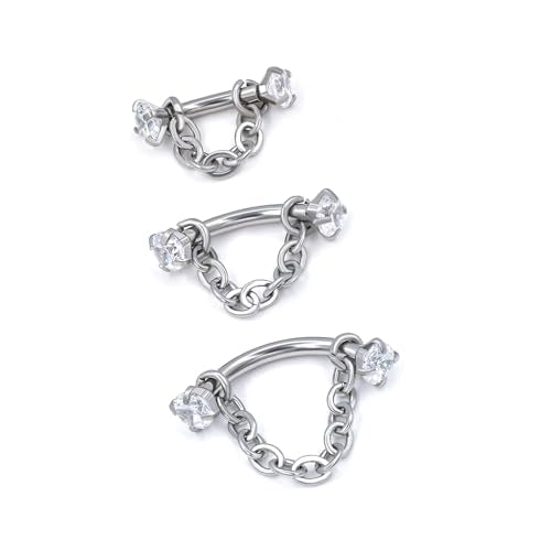 3 Pcs 316L Stainless Steel 16G Tragus Helix Rook Piercing Jewelry with Chain, Cartilage Earrings for Women, Belly Button Ring Vertical Labret Lip Piercing Jewelry - color: Silver, size: Prong Setting
