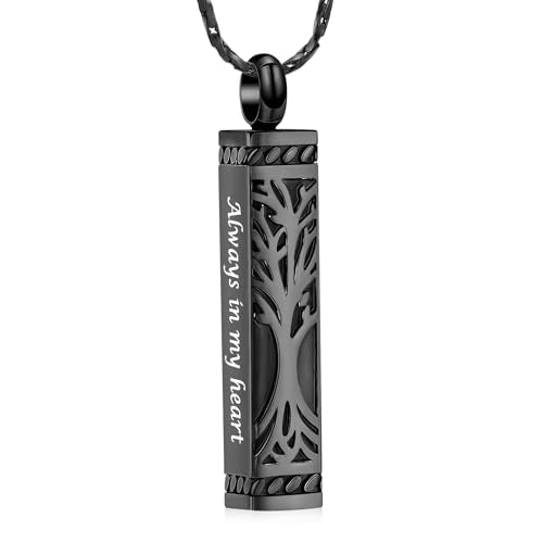 Imrsanl Tree of Life Urn Necklace for Men Women Bar Cremation Jewelry for Ashes Keepsake Ashes Necklace Pendent - color: Black-Always in my heart