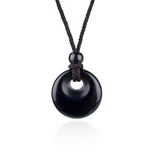 20mm Natural Stone Necklace Peace Button Pendant, Healing Crystal Necklace for Women Men,Gemstone comes with an adjustable rope cord (11.81 to 12.59 inches) Unisex - color: Obsidian