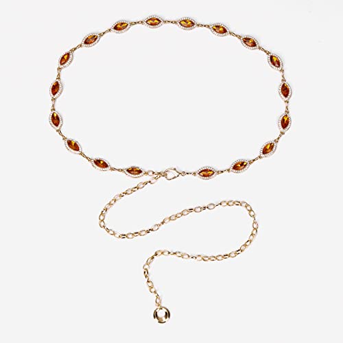 ILuvatar Green Glass Diamond Chain Belt - Metal Women's Western Style Dress Belt - color: Gold-orange