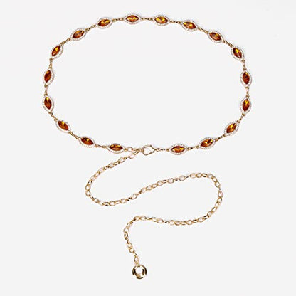 ILuvatar Green Glass Diamond Chain Belt - Metal Women's Western Style Dress Belt - color: Gold-orange