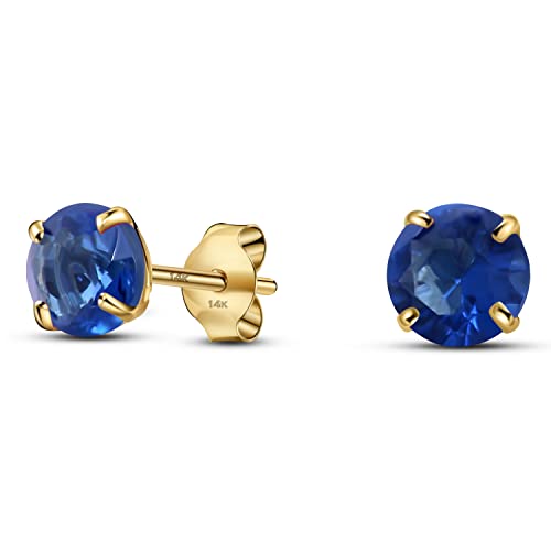 Solid 14K Yellow Gold Round Solitaire Simulated-Birthstone Minimalist Stud Earring - color: 09-September, size: 5mm