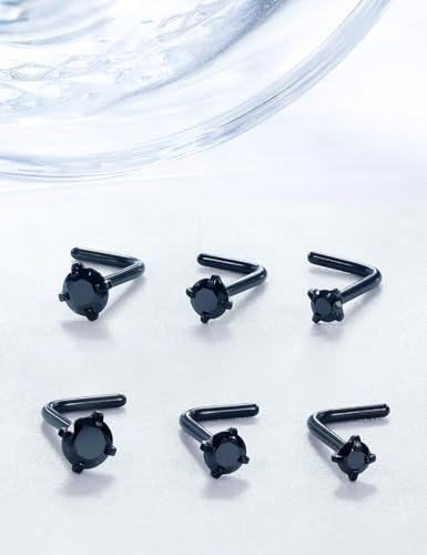 18G 20G 22G Stainless Surgical Steel Titanium Nose Rings Studs for Women L Shaped Nose Rings Screw Nose Studs Nostrial Piercing Jewelry for Women Men Silver Gold Black - style: 18G/Black CZ/L-shaped/Black