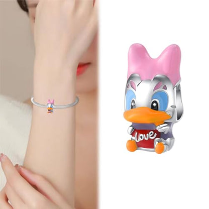 Charm for Bracelets and Necklaces Heart Cat Flower Boy 925 Sterling Silver Bead Birthday Jewelry Gift for Women - color: Pink Duck Charm
