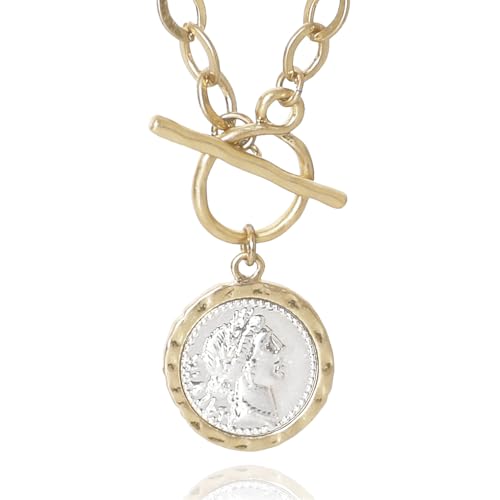 MISS SECRET Chunky Gold Necklaces for Women Coin Statement Necklace Antique Silver and Gold Chain Thick Toggle Pendant Trendy Fashion Jewelry - style: Worn Gold & Sliver