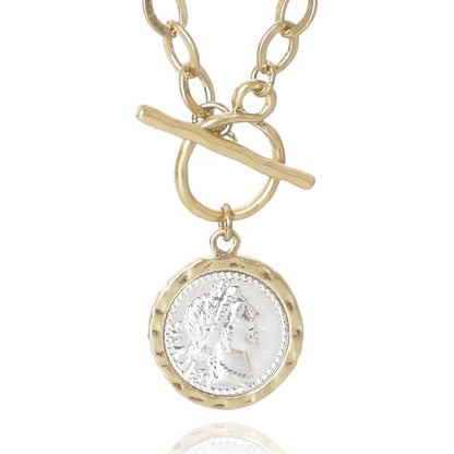 MISS SECRET Chunky Gold Necklaces for Women Coin Statement Necklace Antique Silver and Gold Chain Thick Toggle Pendant Trendy Fashion Jewelry - style: Worn Gold & Sliver