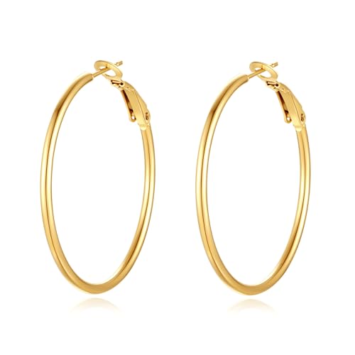 4 Pairs Silver Gold Hoop Earrings for Women | 14K Gold Plated Hoop Earrings Set Hypoallergenic Earring Lightweight Dangle Earrings Set - color: 1 Pair Gold-50mm