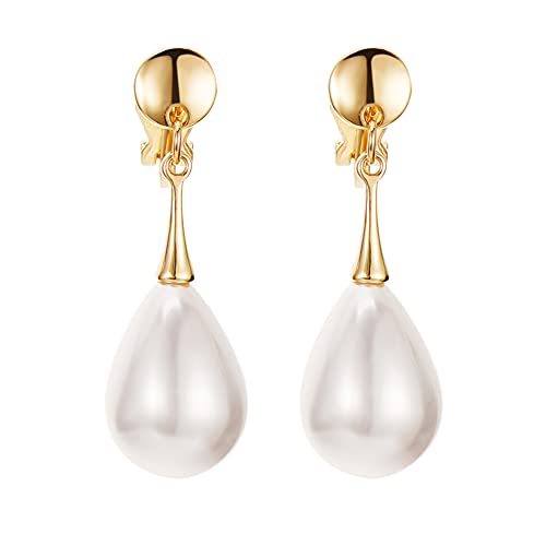 Pearl Clip on Earrings for Women Drop Clip Earrings for Women Gold Plated White Imitation Pearl Earrings Fashion - color: Teardrop Pearl