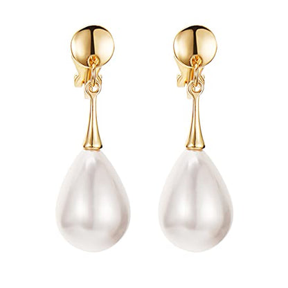 Pearl Clip on Earrings for Women Drop Clip Earrings for Women Gold Plated White Imitation Pearl Earrings Fashion - color: Teardrop Pearl