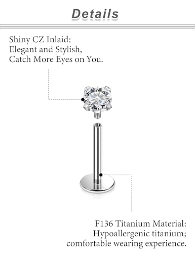 20G 18G 16G F316 Titanium Flat Back Nose Rings Studs Hypoallergenic Screw on Tragus Helix Cartilage Earrings Stud Piercing Jewerly for Women Men Bars 6mm - style: 16G Flat Back Nose Studs-6mm 8mm 10mm Bars-3mm CZ