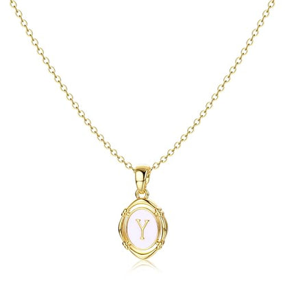 14K Gold Plated Initial Necklaces for Women, Letter Charm Pendant Necklace | Dainty Oval White Enamel Personalized Name Necklace, Trendy Jewelry with 16 inches Chain and 2 inches Extender - color: Y
