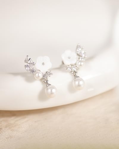 Pearl Earrings for Women Trendy Dainty Wedding Earring 14K Gold Plated/Silver Plated Dainty Cute Drop Dangle Pearl Earrings Studs Hypoallergenic CZ Diamond Wedding Earrings for Brides Prom Jewelry Gift for Women - color: 05.Silver flower