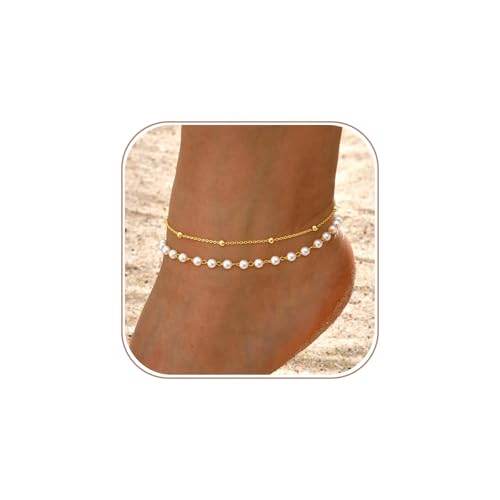 Gold Ankle Bracelets for Women, Dainty 14K Gold Plated Anklets for Women Waterproof Cuban Link Chain Pearl Anklet Set Trendy Layered Stackable Ankle Bracelet Non Tarnish Jewelry for Her - color: A0194