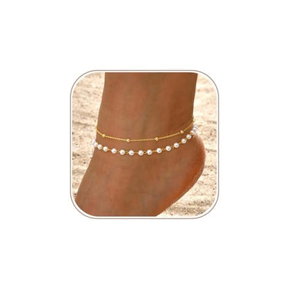 Gold Ankle Bracelets for Women, Dainty 14K Gold Plated Anklets for Women Waterproof Cuban Link Chain Pearl Anklet Set Trendy Layered Stackable Ankle Bracelet Non Tarnish Jewelry for Her - color: A0194